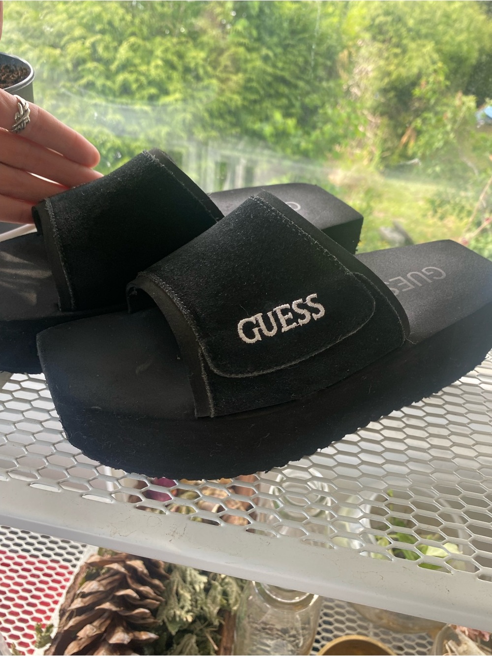 Vintage Guess Black Suede Slide Platform Sandals